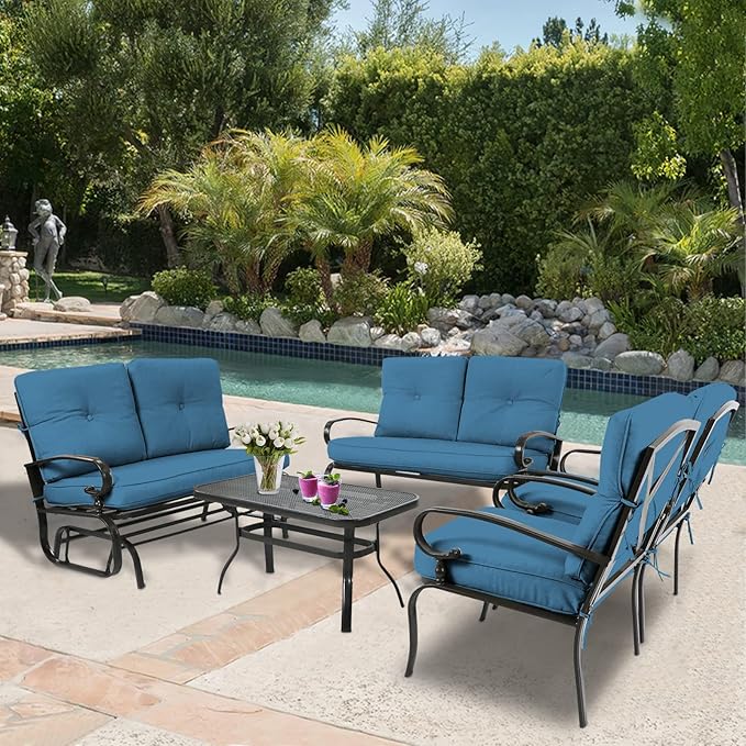 5Pcs Patio Conversation Set Outdoor Wrought Iron Furniture Set with 1 Glider,1 Loveseat, 2 Single Chairs, and Coffee Table, for Courtyard, Garden, Backyard(Peacock Blue)