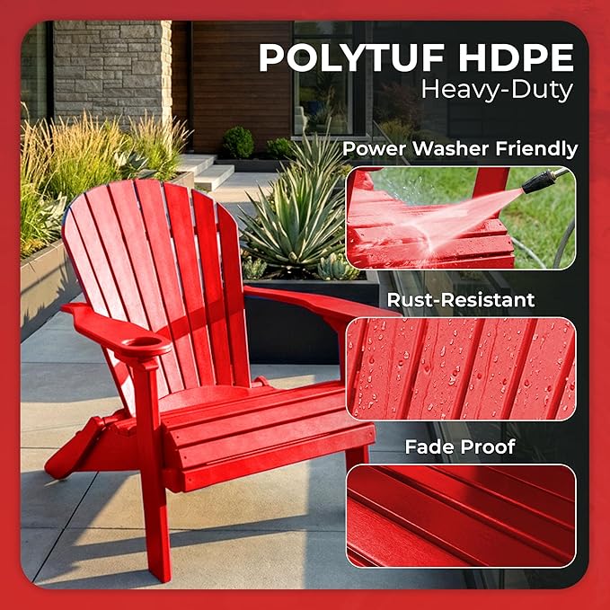 Ecommersify Folding Adirondack Chair with Cup Holder - (Bright Red) - Heavy Duty Recycled Poly Lumber Folding Chair - Amish Crafted Outdoor Furniture - Made in USA