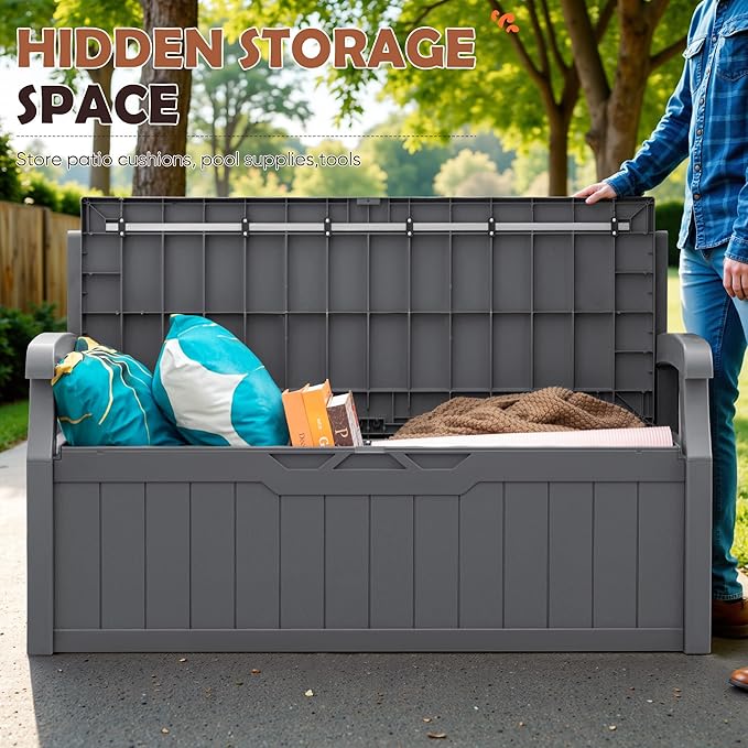 JUMMICO 80 Gallon Resin Outdoor Storage Bench, Large Deck Box with Armrest, Lockable&Waterproof for Garden, Home, Patio, Pools (Grey, 80 Gallon)