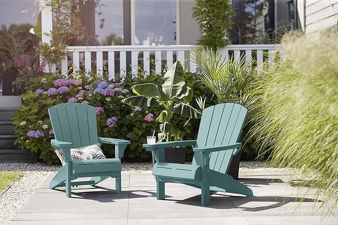 Keter Alpine Adirondack 2 Pack Resin Outdoor Furniture Patio Chairs with Cup Holder-Perfect for Beach, Pool, and Fire Pit Seating, Teal