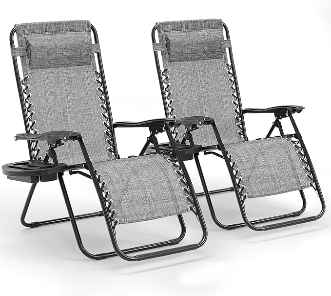 Zero Gravity Chairs Set of 2, Reclining Camping Chair with Adjustable Pillow and Cup Holder Trays, Reclining Folding Outdoor Chairs for Poolside Backyard and Beach (Gray-2)