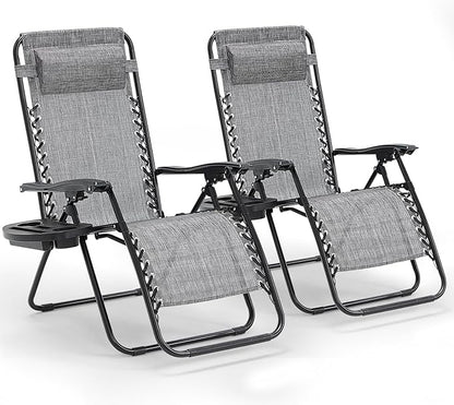Zero Gravity Chairs Set of 2, Reclining Camping Chair with Adjustable Pillow and Cup Holder Trays, Reclining Folding Outdoor Chairs for Poolside Backyard and Beach (Gray-2)