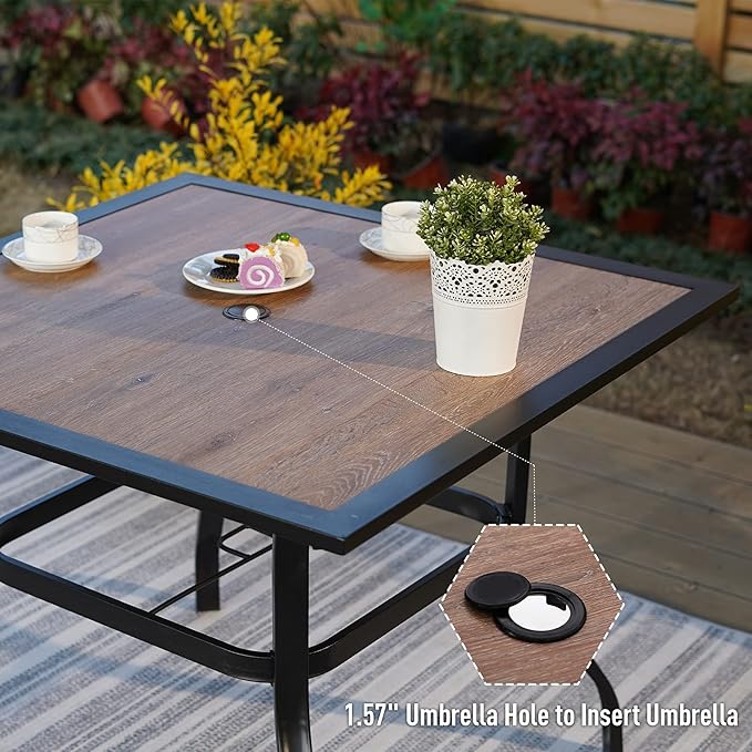 Sophia & William 37" Square Outdoor Dining Table with Umbrella Hole, Imitation of Wooden Surface Patio Dining Table for Lawn Garden, Sturdy Metal Steel Frame with Wood-Like Table top