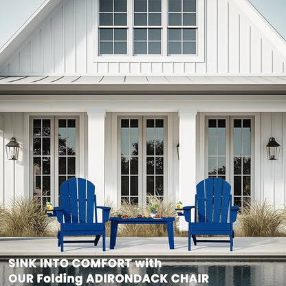 Adirondack Chair with Cup Holder Set of 4, Folding HDPE Patio Chairs, Outdoor Plastic Fire Pit Chair, Wood Texture, Lawn Chairs for Deck, Porch, Backyard, Garden, Navy Blue