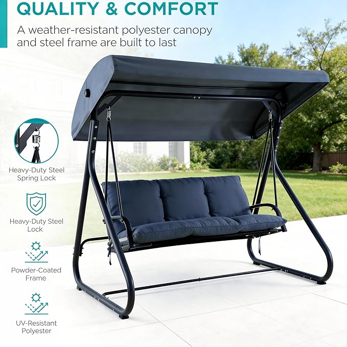 3-Seat Outdoor Convertible Swing Glider with Adjustable Canopy, 2-in-1 Bench to Flat Bed, Removable Cushions - Photo 3