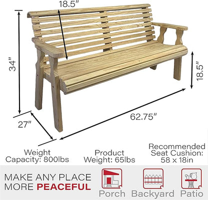 Amish Casual Heavy Duty Unfinished 5 Foot Roll Back Outdoor Bench - Amish Made in The USA from Treated Pine for Outdoor Durability, 700 Lb Weight Capacity