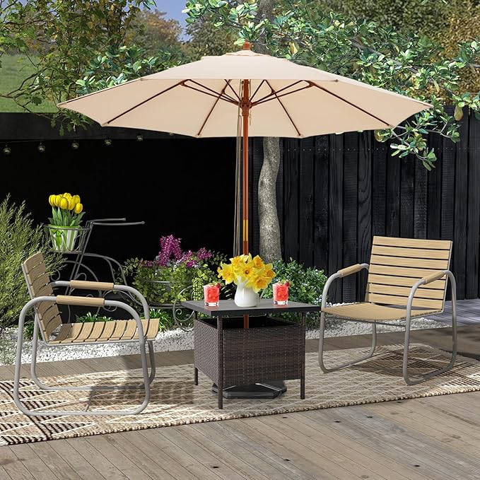 HAPPYGRILL Patio Umbrella Table Stand Rattan Outdoor Side Table with Umbrella Hole, PE Wicker Frame, for Patio Garden Deck Poolside