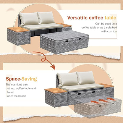 Greesum Patio Furniture Set Multifunctional Outdoor Sectional Sofa Rattan Chaise Lounge Wicker Daybed with Couch, Cushions, Storage Ottoman and 2 Side Tables for Backyard Porch Poolside Lawn, White