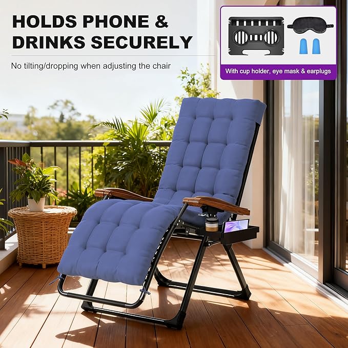 PURPLE LEAF Outdoor Reclining Chair Patio Zero Gravity Chaise Lounge Folding Chair with Removable Cushion Adjustable Headrest for Lawn Camping Beach Pool Navy Blue