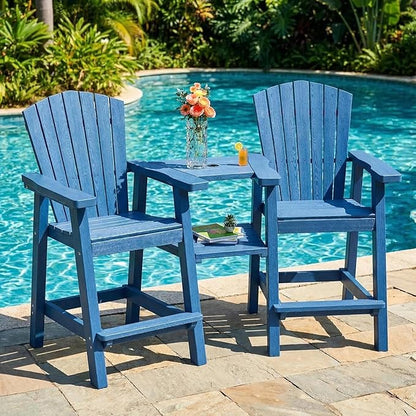 GLANC Tall Adirondack Chairs Set of 2, All Weather Resistant HDPE Bar Height Balcony Adirondack Chair with Connecting Trays, Upgraded Outdoor Adirondack Barstools for Deck Patio Pool Lawn (Navy Blue)