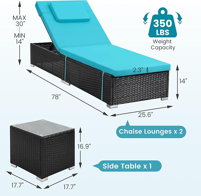 Outdoor Chaise Lounge Chairs, All-Weather Wicker Pool Lounge Chair Set of 2 with Side Table - Photo 2