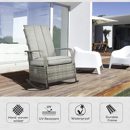 Outsunny Wicker Outdoor Rocking Chair, Patio Recliner with Adjustment Backrest, PE Rattan Lounge Chair with Adjustable Footrest and Cushions for Garden, Backyard, Porch, Gray