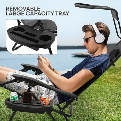 Athena Collection Folding Zero Gravity Chair with Canopy, Adjustable Lounge Chair Recliner, Outdoor Lawn Chair Camping Chairs Beach Chaise Chairs with Headrest & Cup Holder for Patio Pool, Black