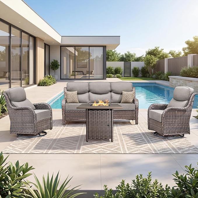Luxury Patio Furniture Set with 6-inch Thick Cushion, Outdoor Furniture with Fire Pit Table, Swivel Chairs, Sofa - Photo 6