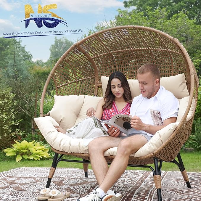 NICESOUL® Double Egg Chair Indoor Outdoor Stationary Oversized Thicken Padded Cushions, 2 Person Egg Loveseat Chair - Photo 2