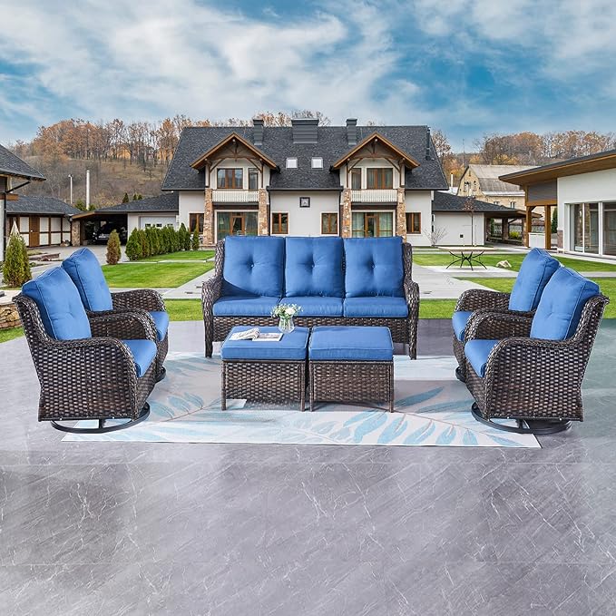 Rilyson Wicker Patio Furniture Set - 7 Piece Rattan Outdoor Sectional Conversation Sets with 4 Swivel Rocking Chairs - Photo 1