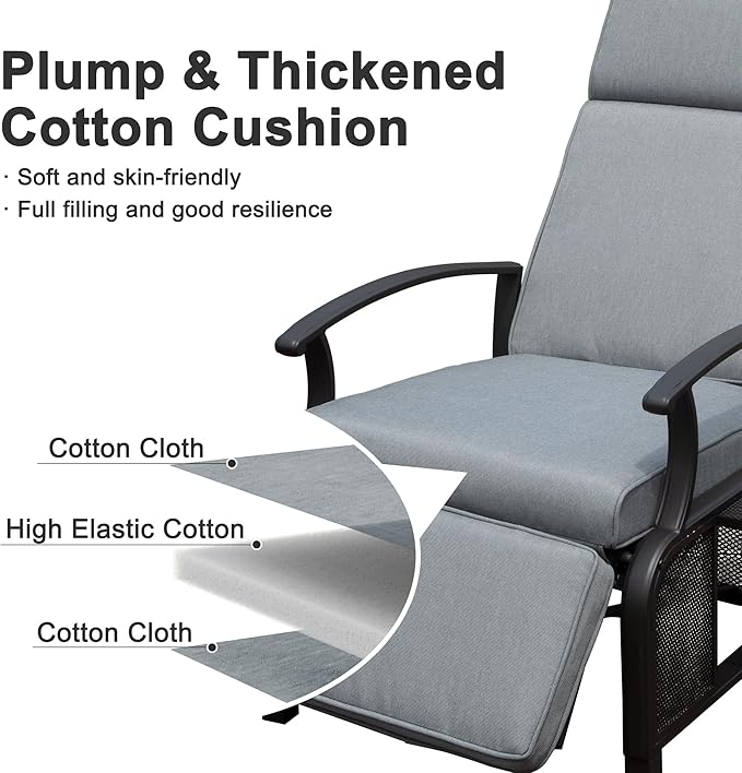 Domi Adjustable Patio Recliner Chair Metal Outdoor Lounge Chair with Flip Table Push Back, Adjustable Angle, Removable Cushions, Support 350lbs, Gray