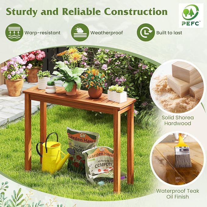 Tangkula Narrow Outdoor Dining Table, Solid Wood Furniture Patio Console Table with Slatted Tabletop - Photo 4