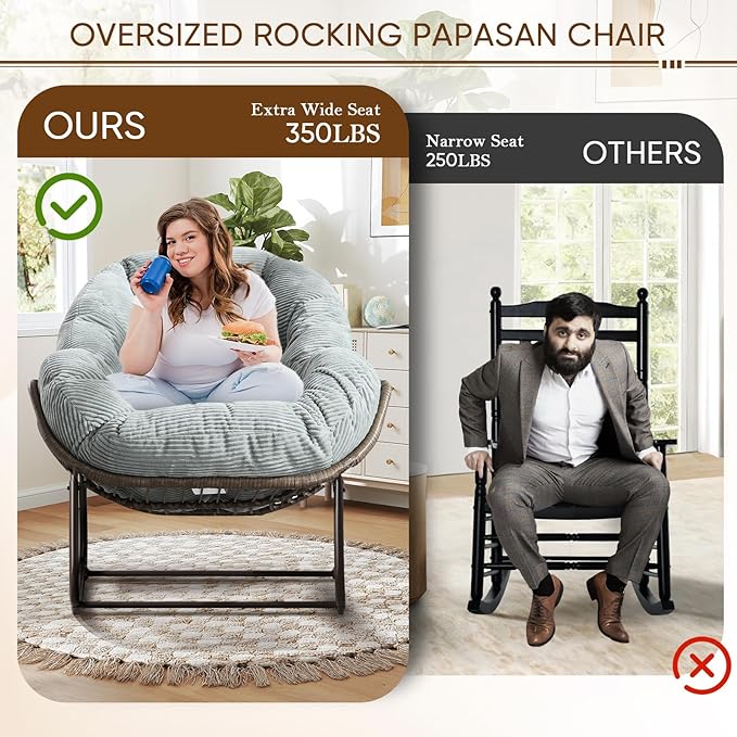 Large Indoor Rocking Chair Set of 2, Oversized Rocking Papasan Chair with Thick Cushion and Frame,Comfy Corduroy Rocker Wicker Egg Chairs Lounge Reading Chair for Living Room, Bedroom, Apartment,Green
