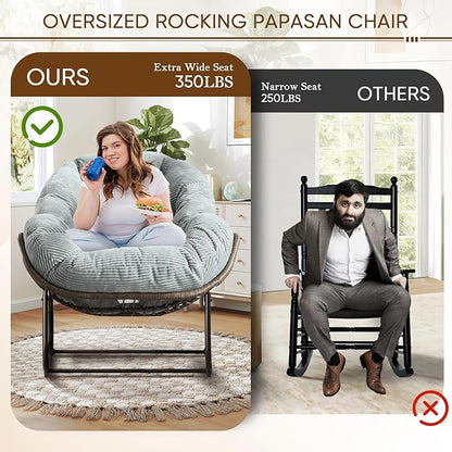 Large Indoor Rocking Chair, Oversized Rocking Papasan Chair with Thick Cushion and Frame,Comfy Corduroy Rocker Wicker Egg Chairs Lounge Reading Chair for Living Room, Bedroom, Apartment,Green
