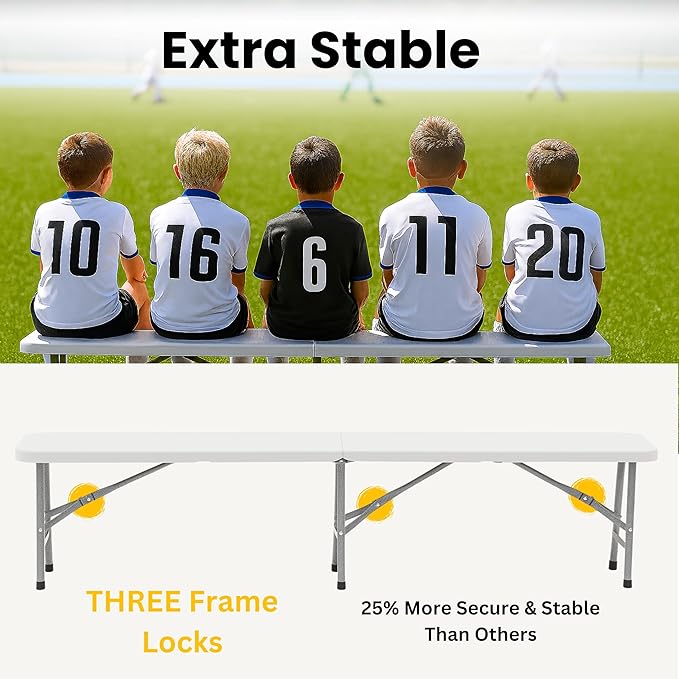 BTEXPERT Set of 10, 6 feet Plastic Bi Folding Bench Indoor Outdoor Portable Picnic Party Garden Dining Seat Camping Soccer Multipurpose Activity w/Handle UV Waterproof Steel Frame Stackable FoldinHalf