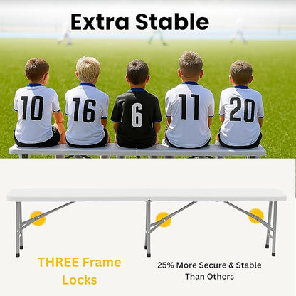 BTExpert 6 feet Plastic Folding Bench Indoor Outdoor Portable Picnic Party Garden Dining Seat Camping Soccer Multipurpose Activities w/Handle UV Waterproof Steel Frame Stackable FoldnHalf
