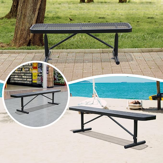 6 Feet Outdoor Benches, Black Heavy Duty Metal Park Bench for Outside, Weatherproof Dock Bench, 72" L Commercial Benches Backless Bench for Shopping Mall, Store, Lawn, Park, Patio, Deck, Garden