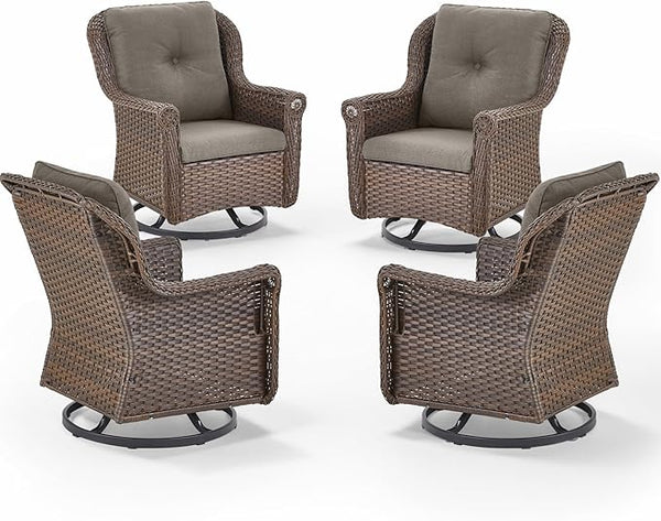 Patio Chairs Outdoor Swivel Glider - Set of 4 High Back Outside Brown Wicker Rattan Rocking Chair with Thick Cushion - Photo 1