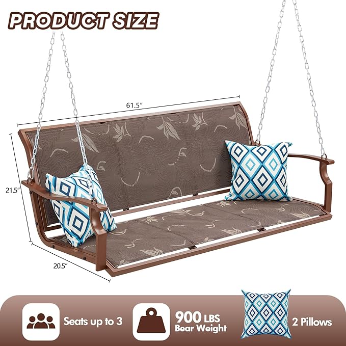 Heavy Duty Porch Swing Outdoor, 900LBS Capacity Textilene Hanging Bench Swing Chair with Extended Chains - Photo 7