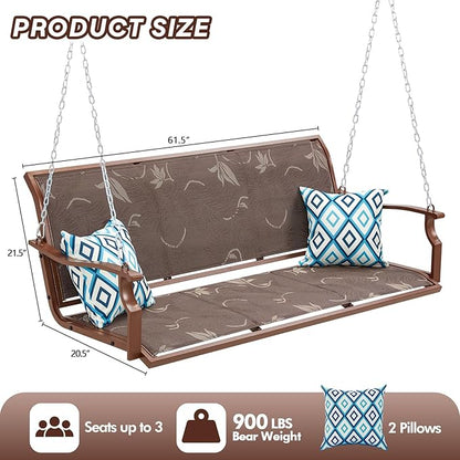 Heavy Duty Porch Swing Outdoor, 900LBS Capacity Textilene Hanging Bench Swing Chair with Extended Chains, 3-Seat Patio Swing with Pillows, Weather-Resistant for Tree, Patio, Backyard, Brown