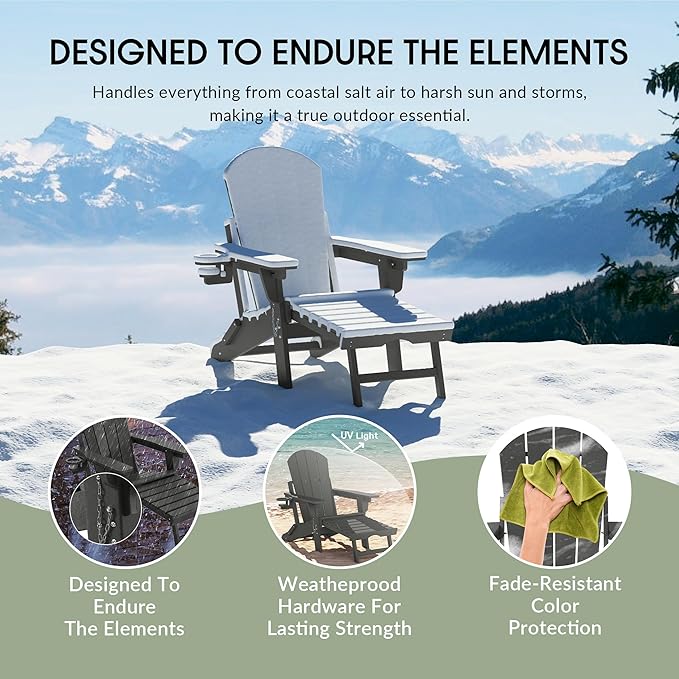 WestinTrends Malibu Folding Adjustable Adirondack Chair with Retractable Ottoman and Cup Holder (Set of 2), Gray - Photo 4