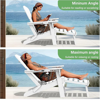 LOUNZY Folding Adjustable Adirondack Chair with Retractable Ottoman, HDPE Recliner Adirondack Chair with Cup Holder for Deck Lawn Fire Pit, White