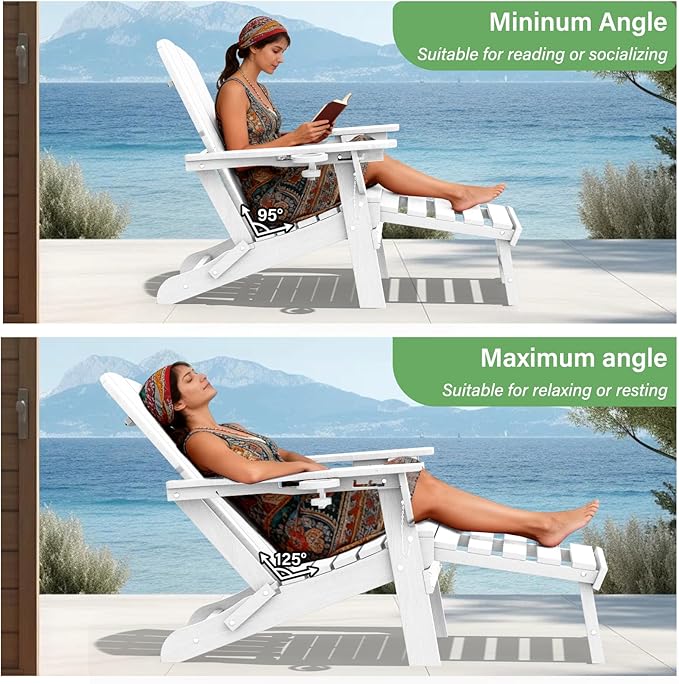 LOUNZY Folding Adjustable Adirondack Chair with Footrest Set of 4,HDPE Recliner Adirondack Chair with Cup Holder for Deck Lawn Fire Pit, White
