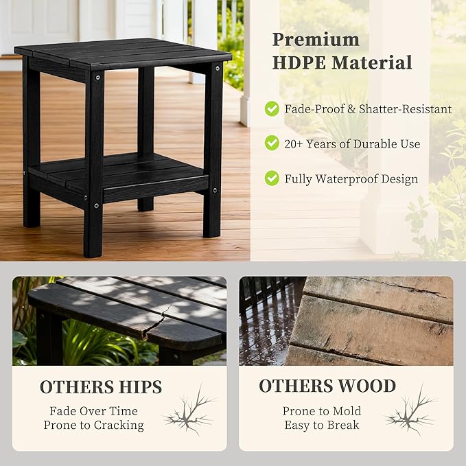 Outdoor Side Table,Double Layer Small Side Tables,All Weather Adirondack Side Table, Waterproof Outdoor End Tables for Patio,Pool,Porch (Black)