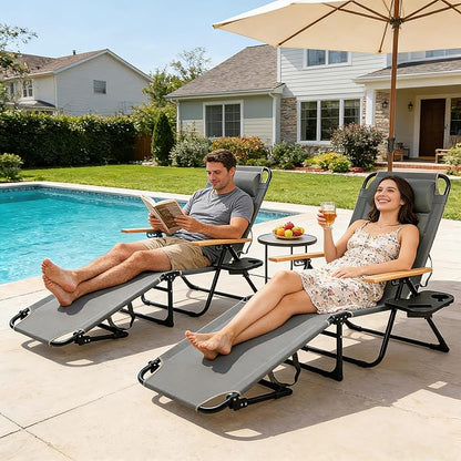 Outdoor Chaise Lounge Chair with 4-Position Adjustable Backrest, Patio Folding Sun Tanning Chair, Pillow & Cup Holder, Portable Recliner Sunbathing Lounger Chairs for Pool Beach Lawn Garden (Grey)