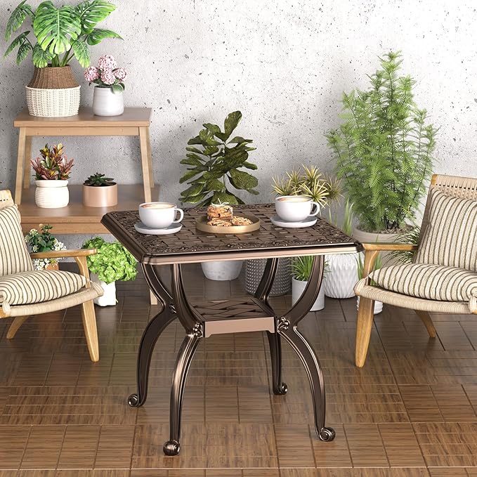 Square Outdoor Coffee Table Set of 2, Cast Aluminum Side Table with Storage,Indoor End Table, All-Weather Bistro Table for Patio Garden Lawn, Bronze