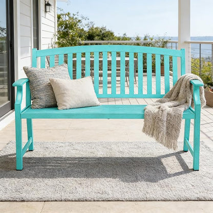 Grand patio 52" Farmhouse Outdoor Bench, Garden Benches with Anti-Rust Aluminum Powder Coated Frame, Faux Wood Grain Finish Frame Patio Bench for Front Porch, Turquoise Blue
