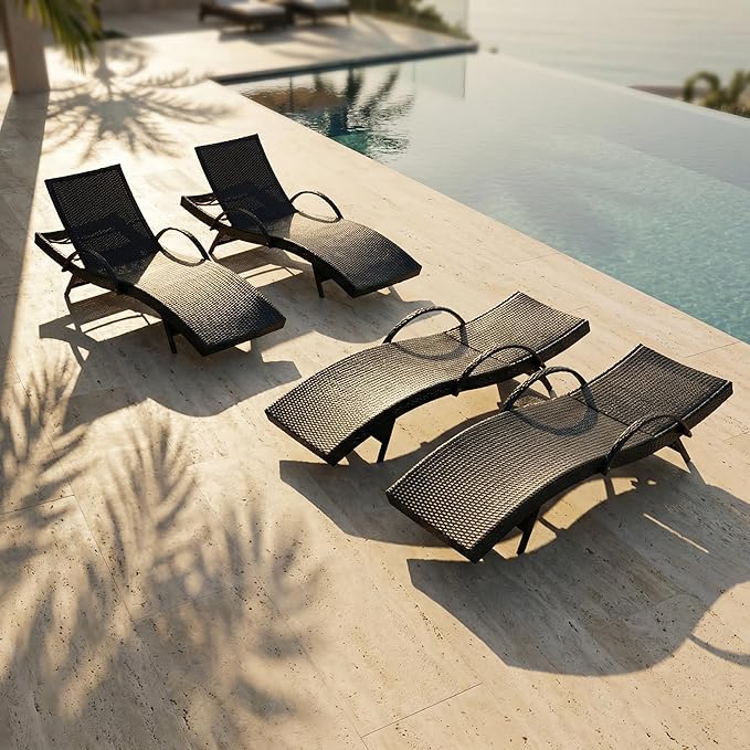 OVENTA Outdoor Wicker Patio Chaise Lounge Chair Set of 4, Dark Brown Rattan Pool Furniture Lounger for Outside Poolside Lounges, Jumbo Co Chaise Lounge Chairs, Wicker Patio Pool Furniture