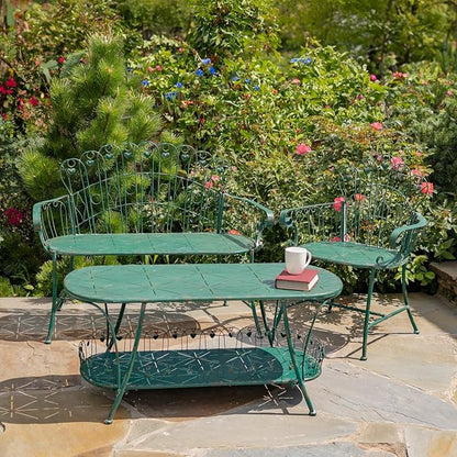 Zaer Ltd. Vintage Style Metal Patio Furniture with Heart Design Accents, Outdoor/Indoor Decor (Antique Green, Set of 3 (Bench, Table, Chair))