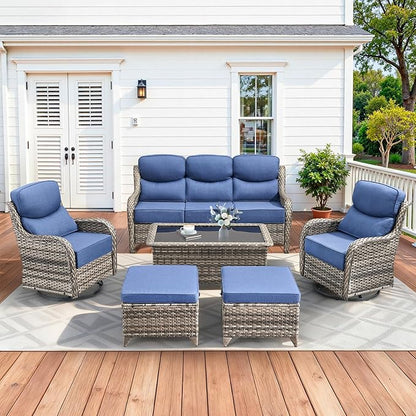 Luxury High Back Patio Furniture Set with 6-Inch Thick Cushions, 6-Pieces Outdoor Furniture with Swivel Chairs, Wicker Conversation Set for Porch, Balcony, Deck and Yard, Grey/Blue