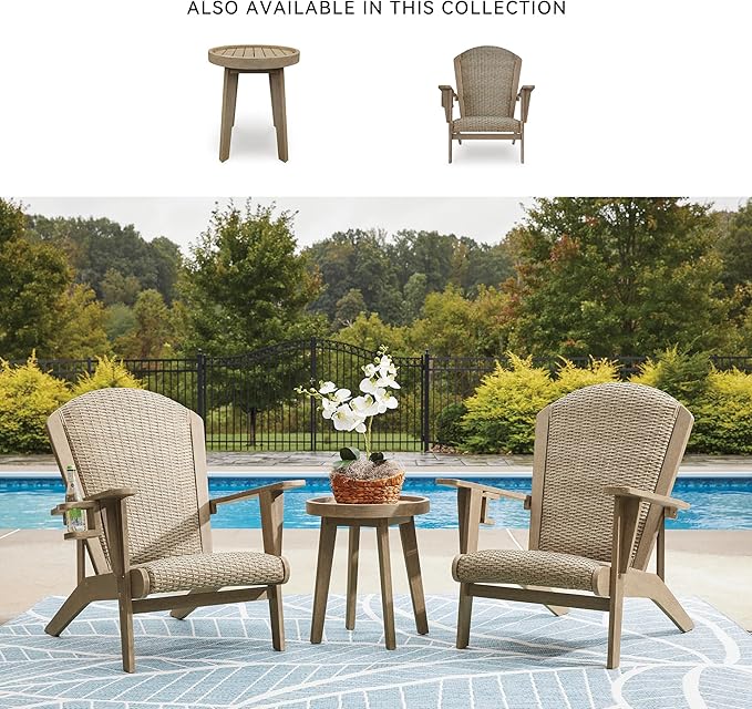 Signature Design by Ashley Bradstreet Bay Casual Outdoor Eucalyptus Wood Padded High Back Adirondack Chair with Handwoven Resin Wicker, Beige