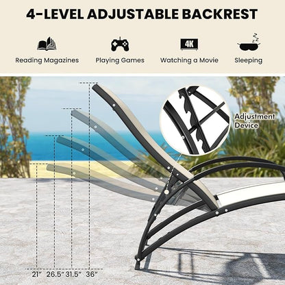 Giantex 2-in-1 Outdoor Rocking Chairs of 2, Convertible Lounge Chair with 4-Position Adjustable Backrest, Curved Armrests, Lightweight Aluminum Frame, Patio Lounger Rocker for Porch, Poolside, Beige