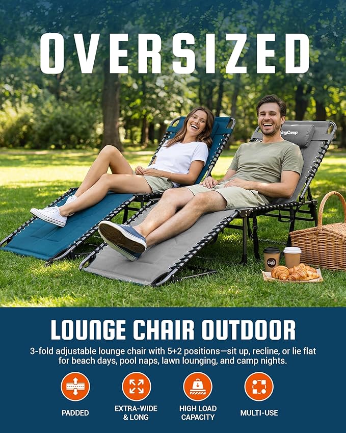 KingCamp Oversized Tanning Chair, Extra-Wide Padded Folding Chase Lounge Chairs Portable Adjustable 5-Position 440lbs Heavy Duty Lounger with Double-Layer Oxford for Outdoor Beach Patio Sun Pool Grey