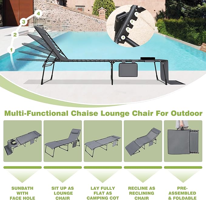 BlueWish 2 Pack Beach Chairs, Sunbath Outdoor Lounge Chair Folding Beach Chair with Adjustable Backrest - Photo 6