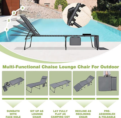 BlueWish 2 Pack Beach Chairs, Sunbath Outdoor Lounge Chair Folding Beach Chair with Adjustable Backrest, Tanning Chairs with Face Hole for Backyard, Pool, Lawn, Grey