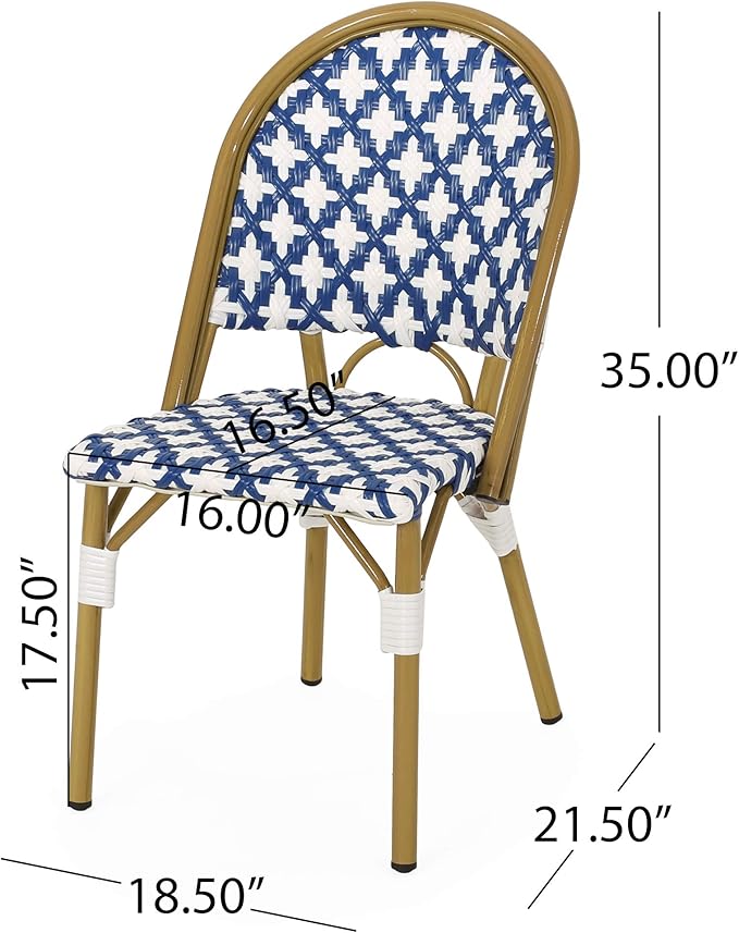 Christopher Knight Home Anastasia Outdoor French Bistro Chair (Set of 2), Blue + White + Bamboo Print Finish - Photo 3