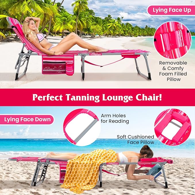Tangkula Tanning Chair, Outdoor Folding Beach Lounge Chair with Face Hole, Adjustable Footrest, Removable Pillow - Photo 4