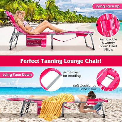 Tangkula Tanning Chair, Outdoor Folding Beach Lounge Chair with Face Hole, Adjustable Footrest, Removable Pillow, Storage Pocket, 5-Position Sunbathing Chair for Outside Beach (2, Pink Stripe)