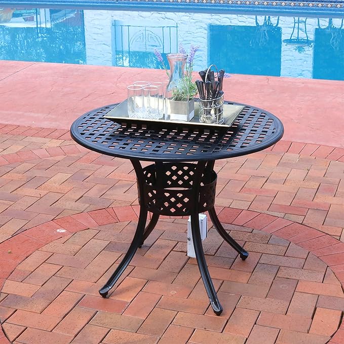 Sunnydaze Decorative Lattice Cast Aluminum Patio Dining Table with Umbrella Hole - 33-Inch Diameter - Black - Photo 4