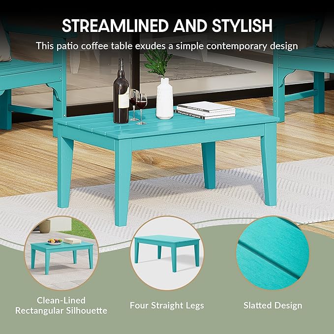 WestinTrends Malibu Low Outdoor HDPE Patio Rectangle Coffee Table, Turquoise